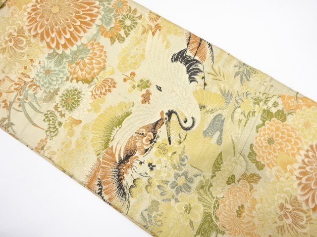 JAPANESE KIMONO / ANTIQUE MARU OBI / SILK / WOVEN CRANE & KIKU